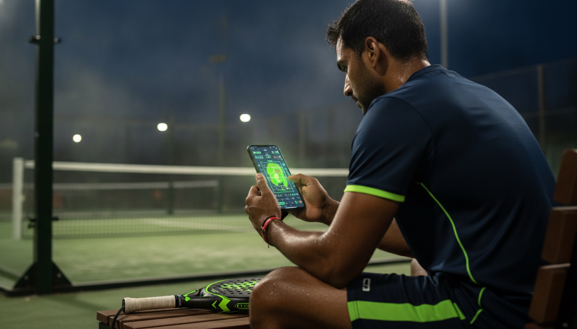Padel player reading his PadelMind match report on WhatsApp courtside